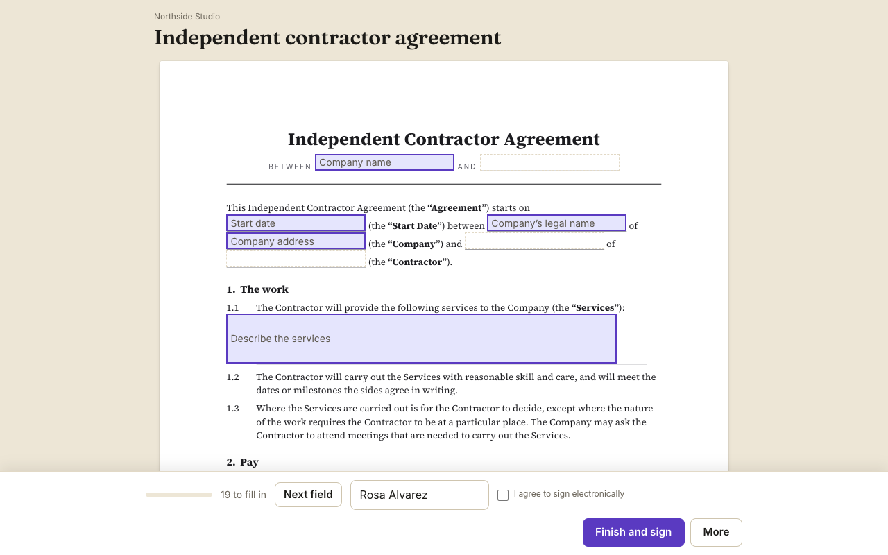 A contractor agreement on the signing page, with its fields to fill in