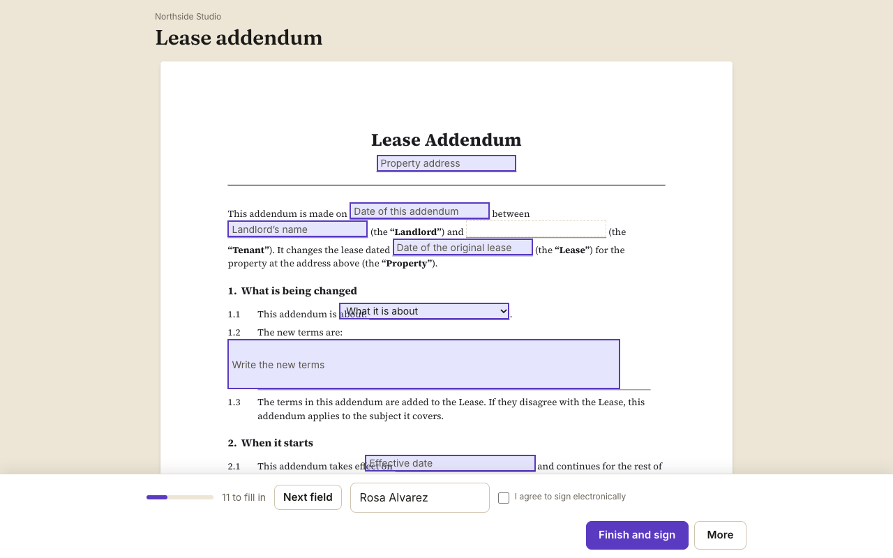 A lease addendum on the signing page, with its fields to fill in