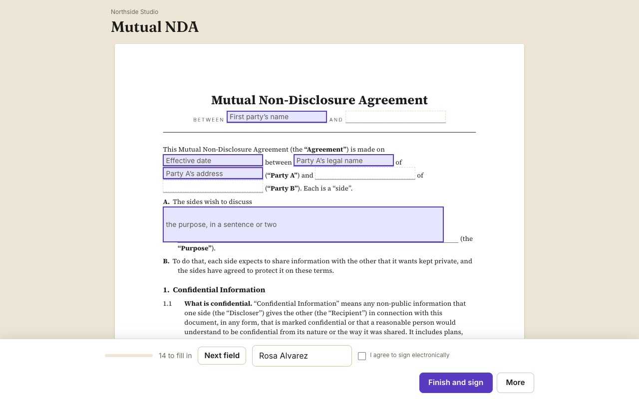 A mutual NDA on the signing page, with its fields to fill in
