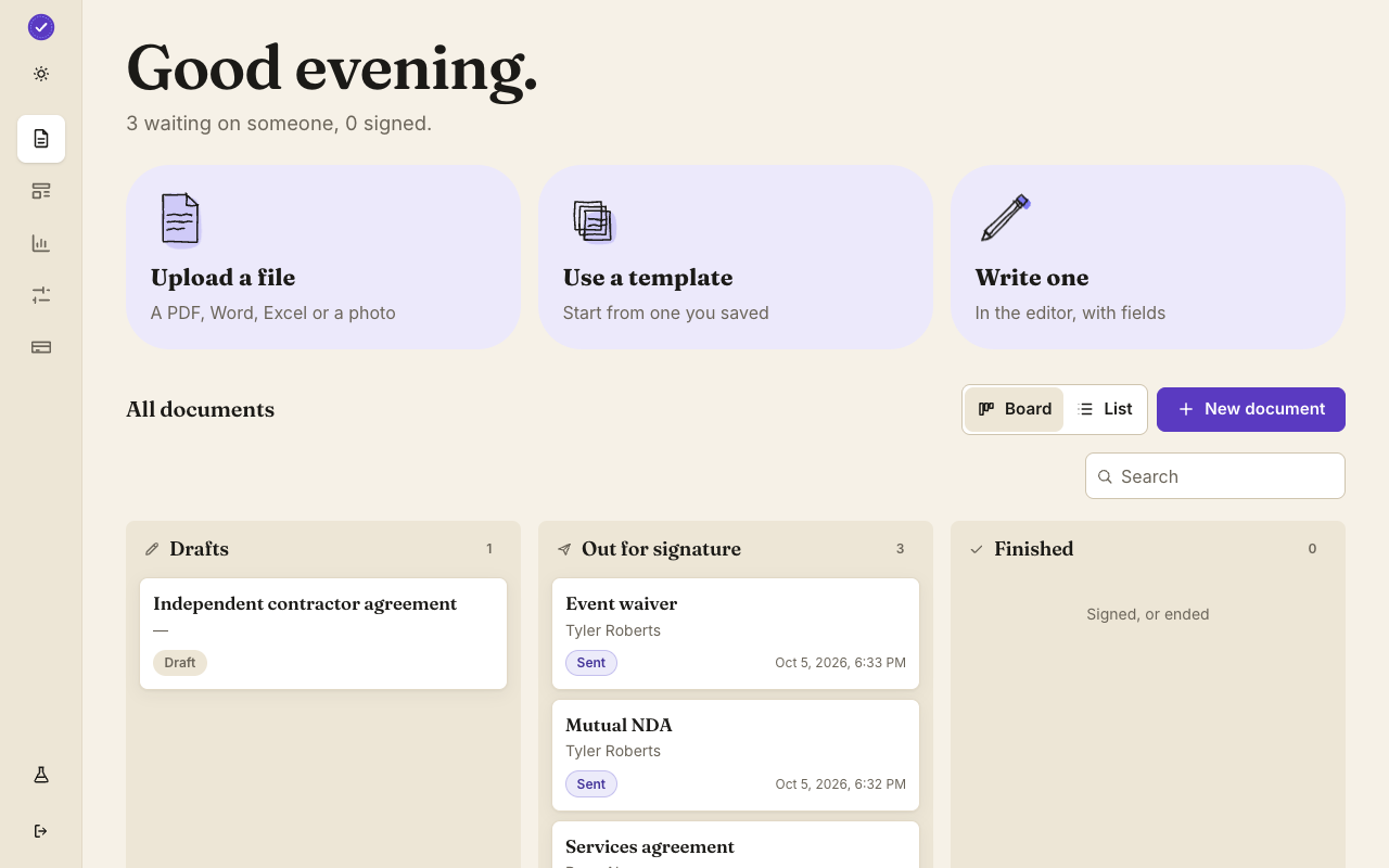 The Docustay workspace: the document list with each document's state