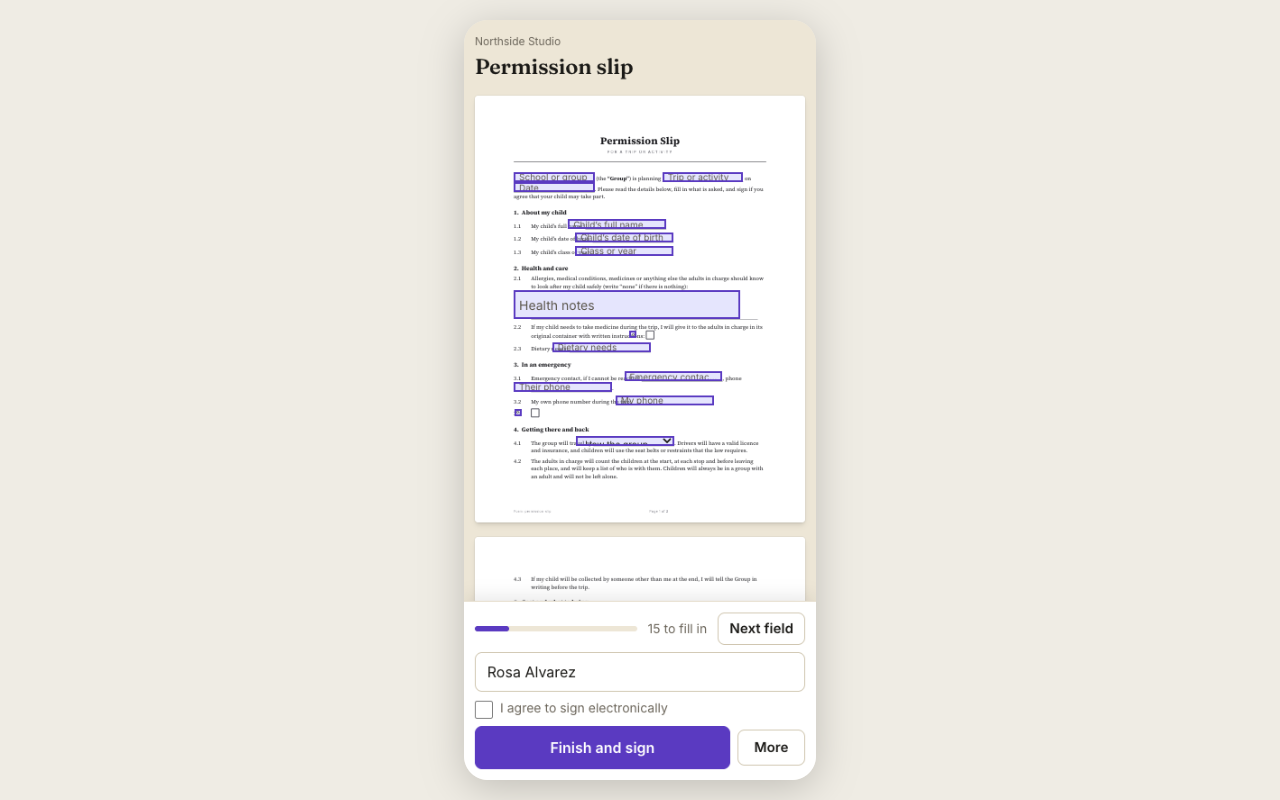 A permission slip on a phone, ready to sign