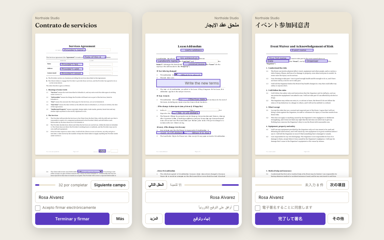The signing page on three phones, in Spanish, Arabic and Japanese