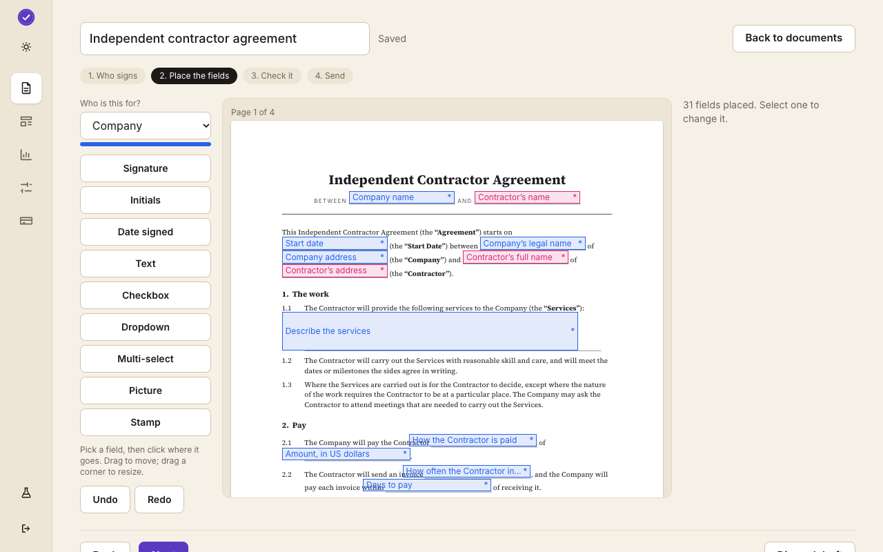 The field editor with a signature box, a date and a text line placed on a page