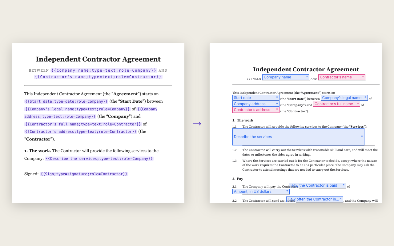 A document with text tags beside the same document after the tags became fields