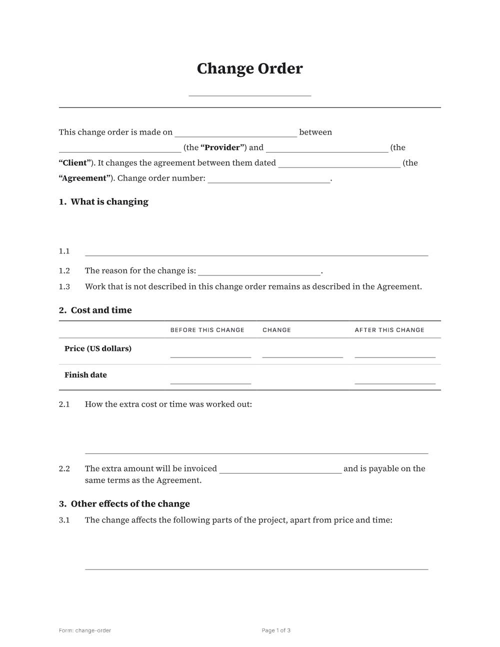 Page 1 of 3 of the Change order template