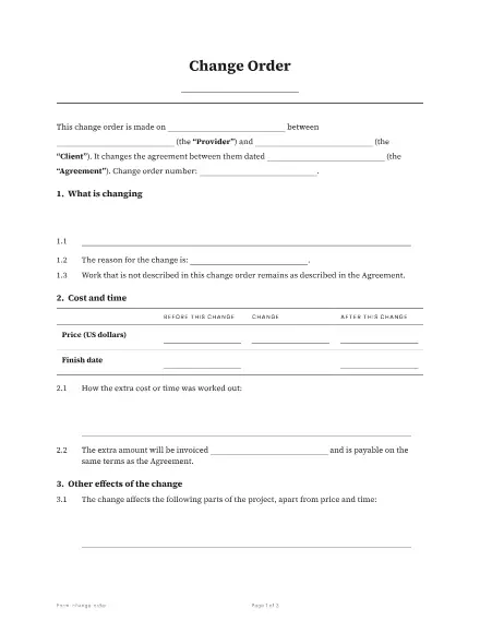 First page of the Change order template