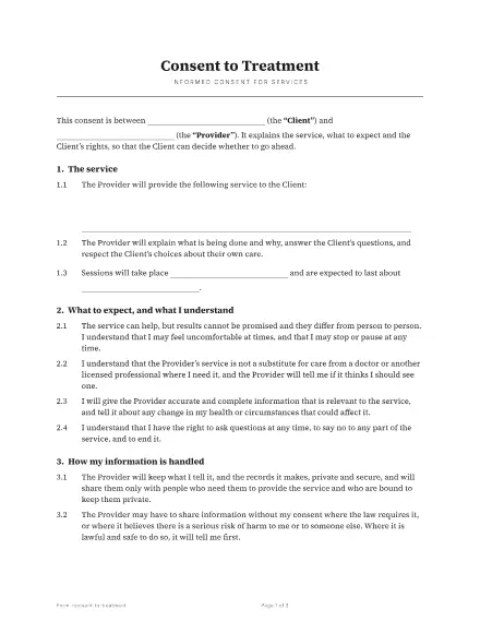 First page of the Consent to treatment template