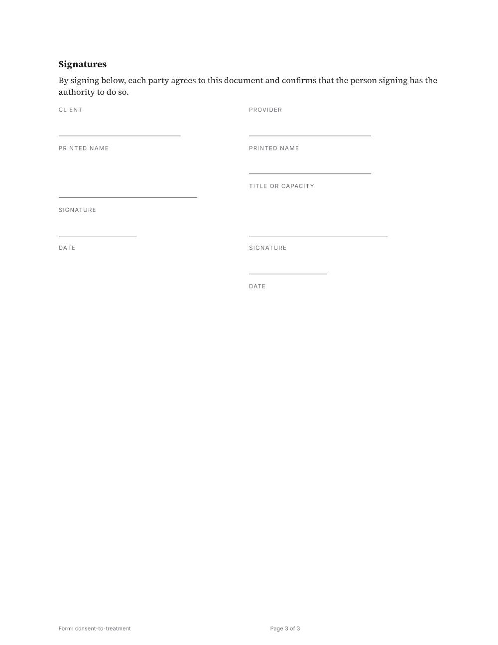 Page 3 of 3 of the Consent to treatment template