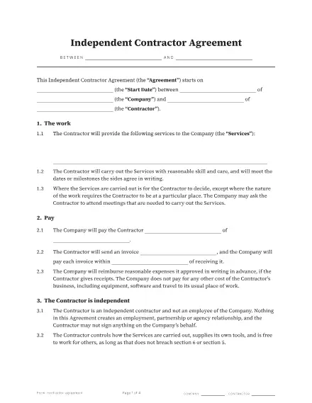 First page of the Independent contractor agreement template