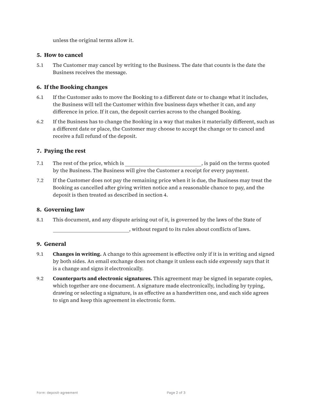 Page 2 of 3 of the Deposit agreement template