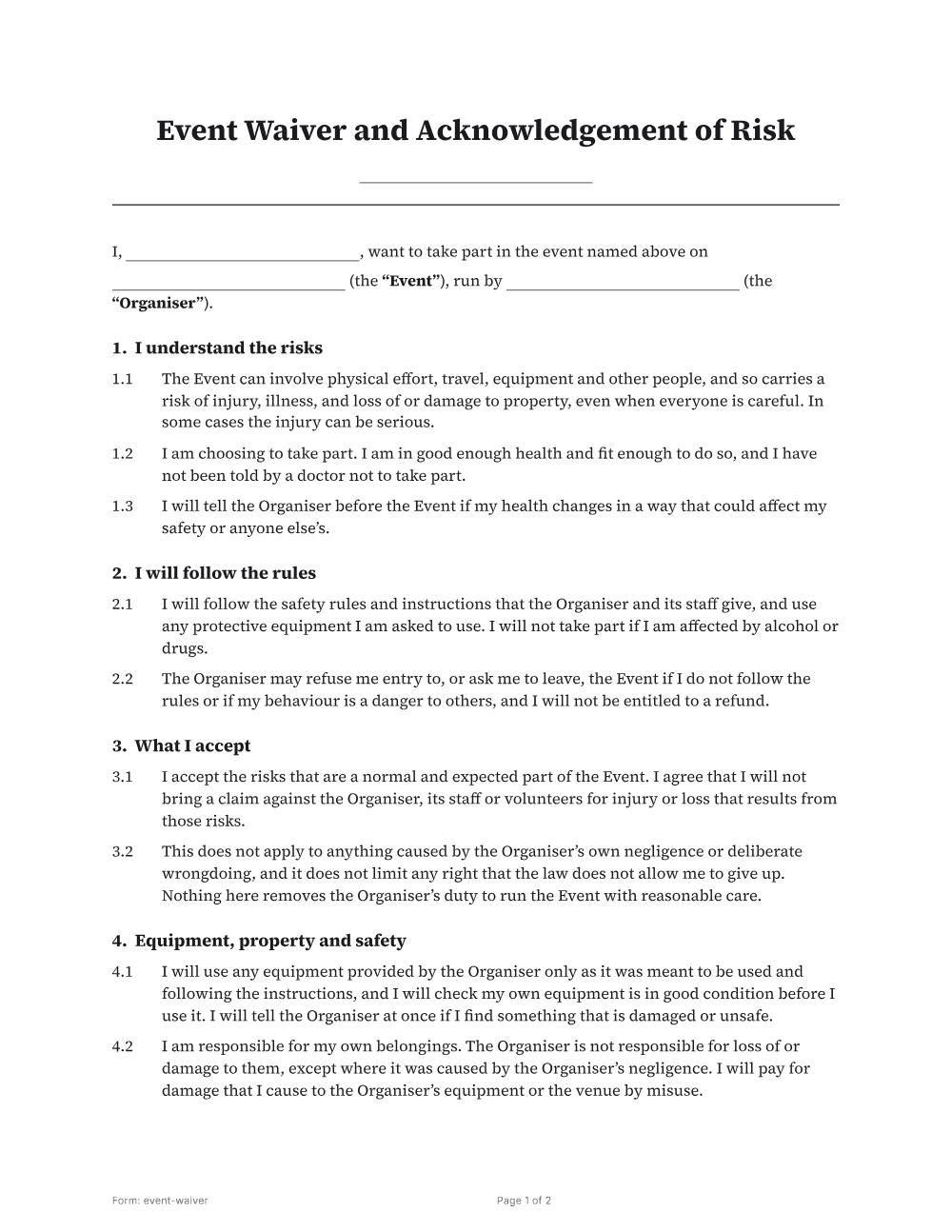 Page 1 of 2 of the Event waiver template