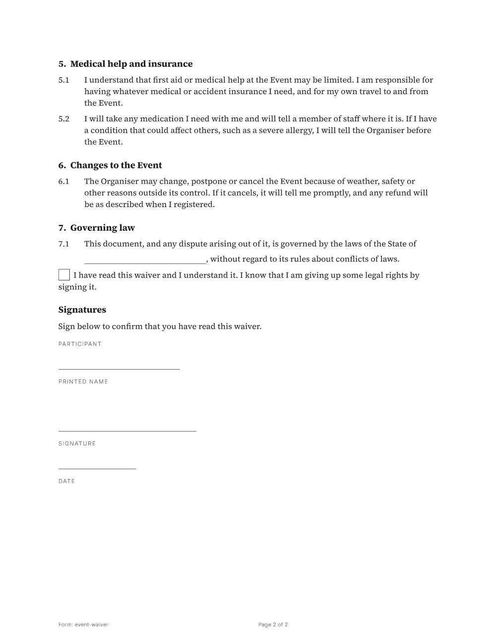 Page 2 of 2 of the Event waiver template