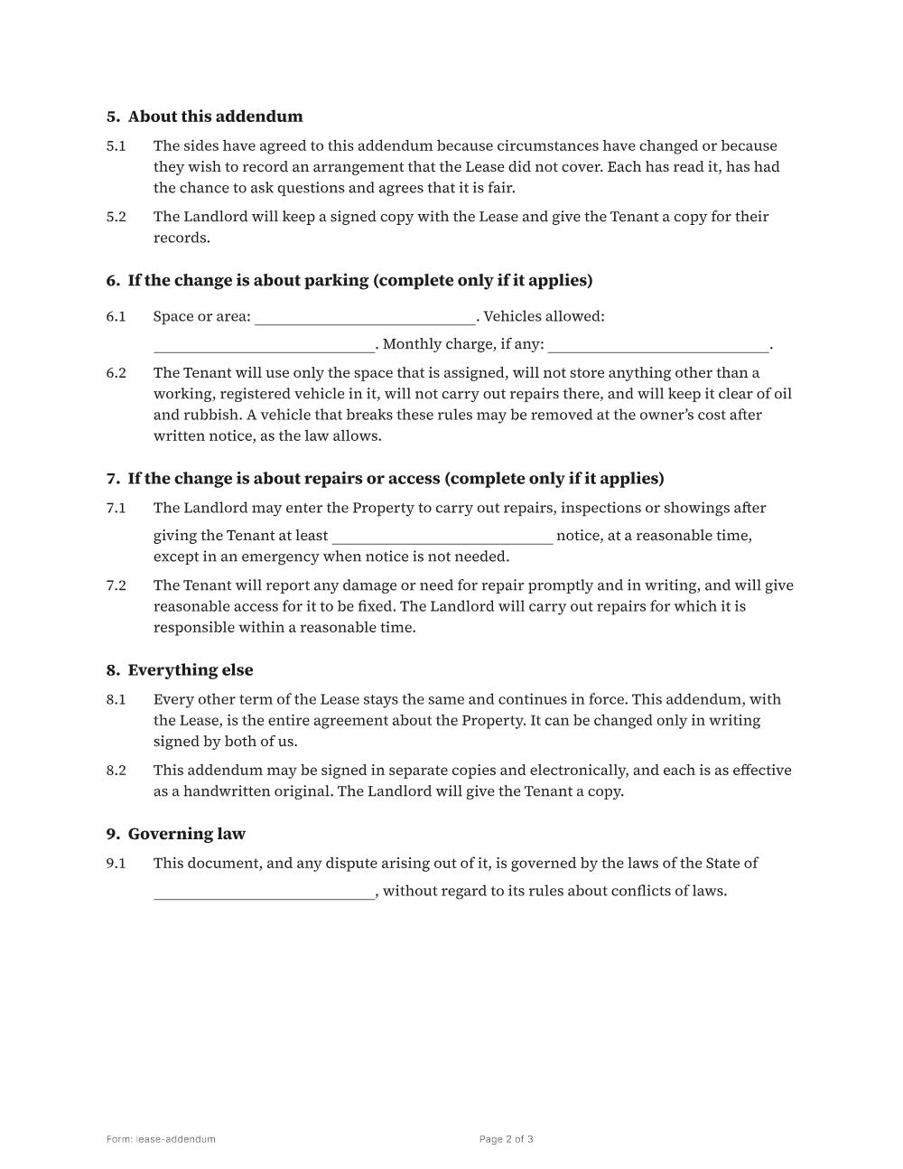 Page 2 of 3 of the Lease addendum template