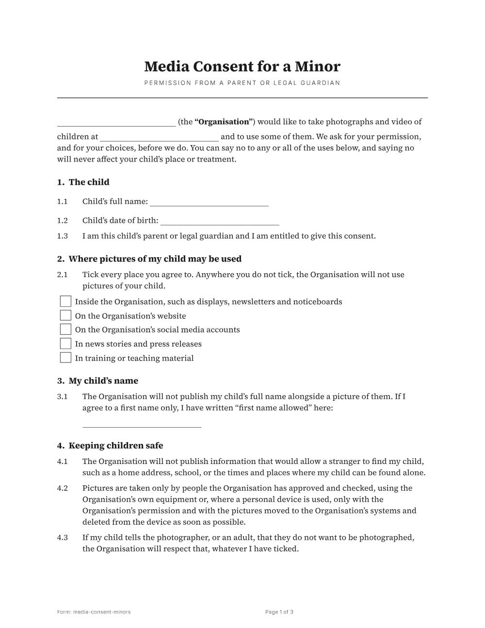 Page 1 of 3 of the Media consent for a minor template