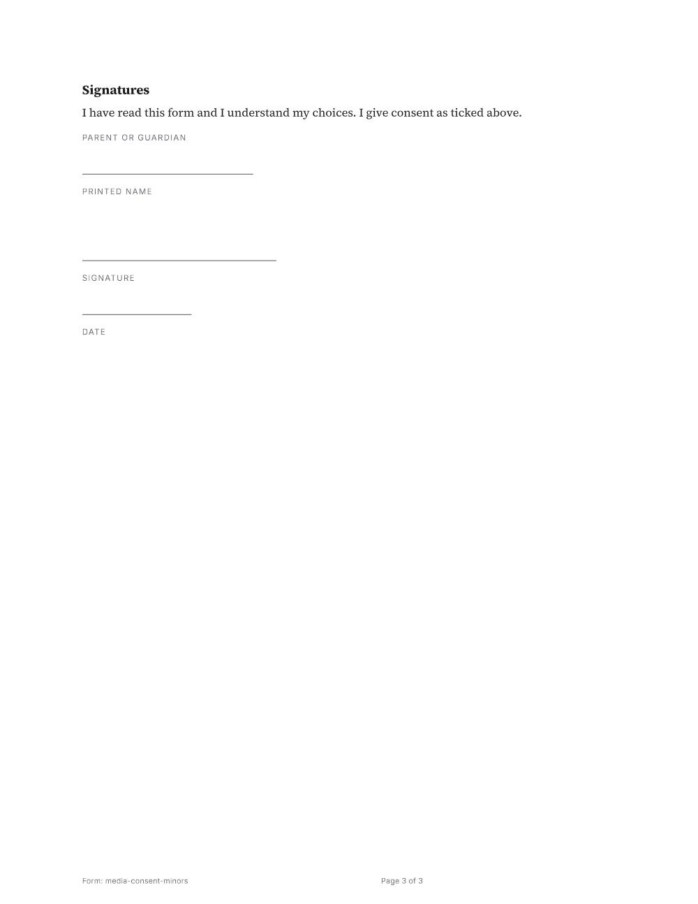 Page 3 of 3 of the Media consent for a minor template