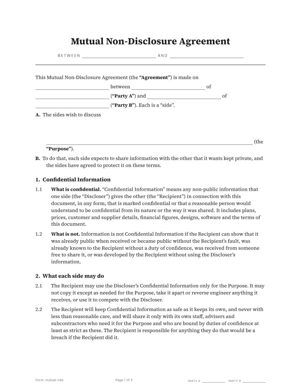 Page 1 of 3 of the Mutual non-disclosure agreement template