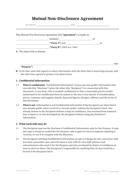 First page of the Mutual non-disclosure agreement template