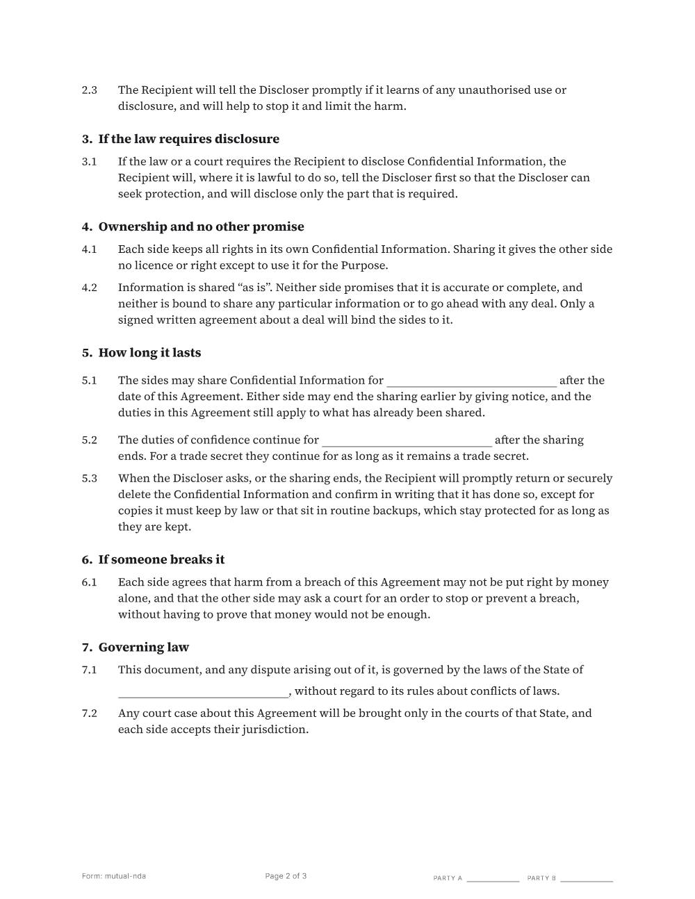 Page 2 of 3 of the Mutual non-disclosure agreement template