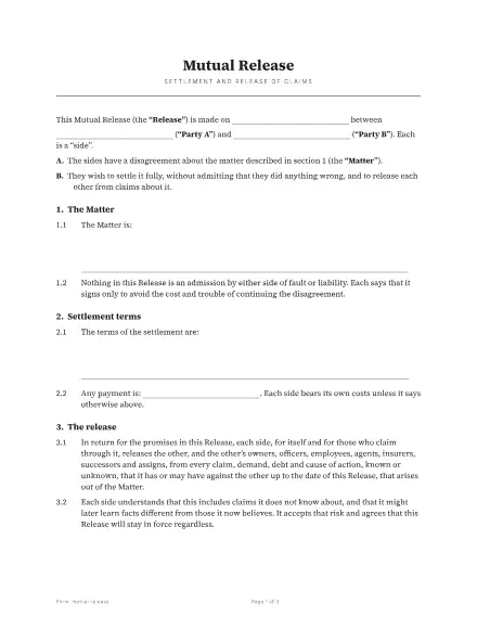 First page of the Mutual release template