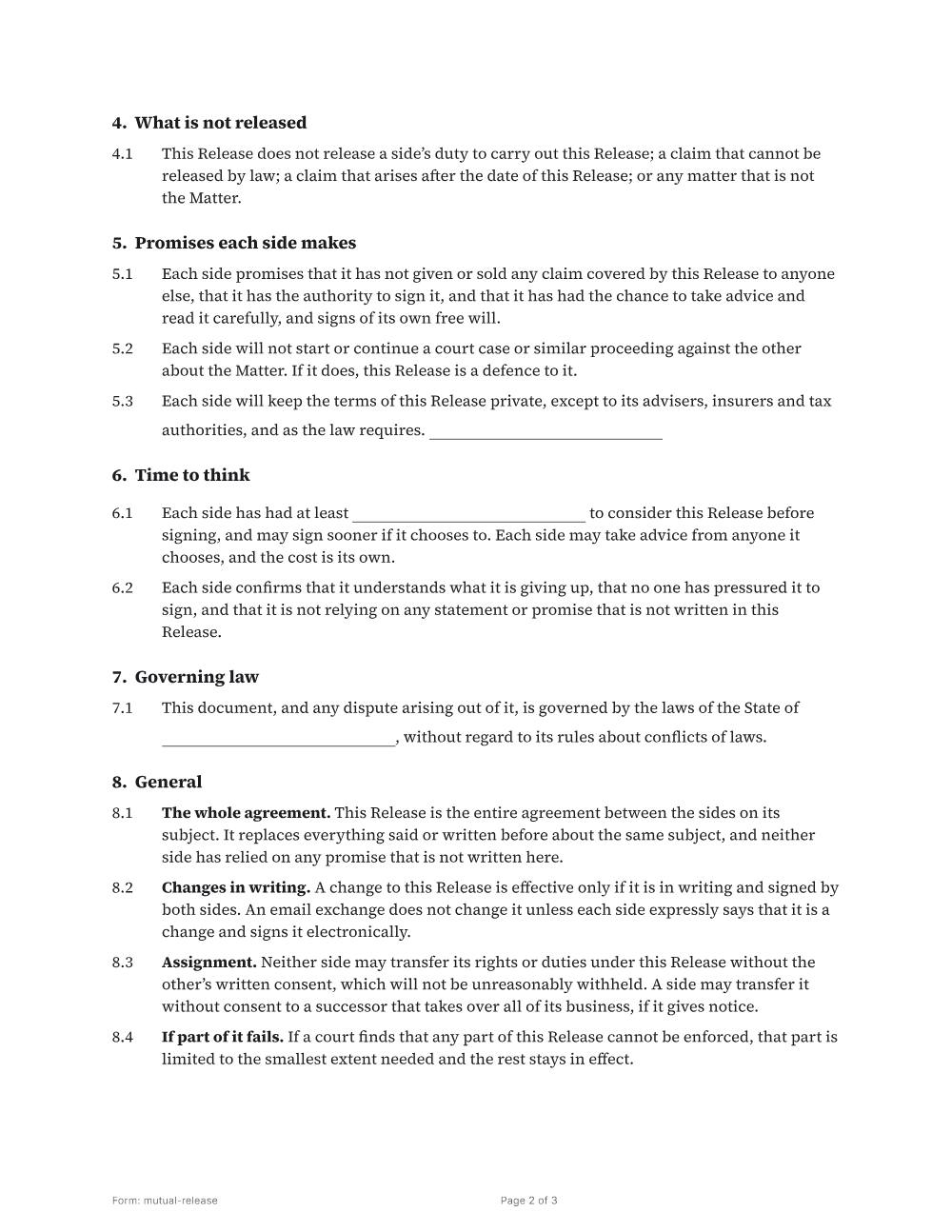 Page 2 of 3 of the Mutual release template