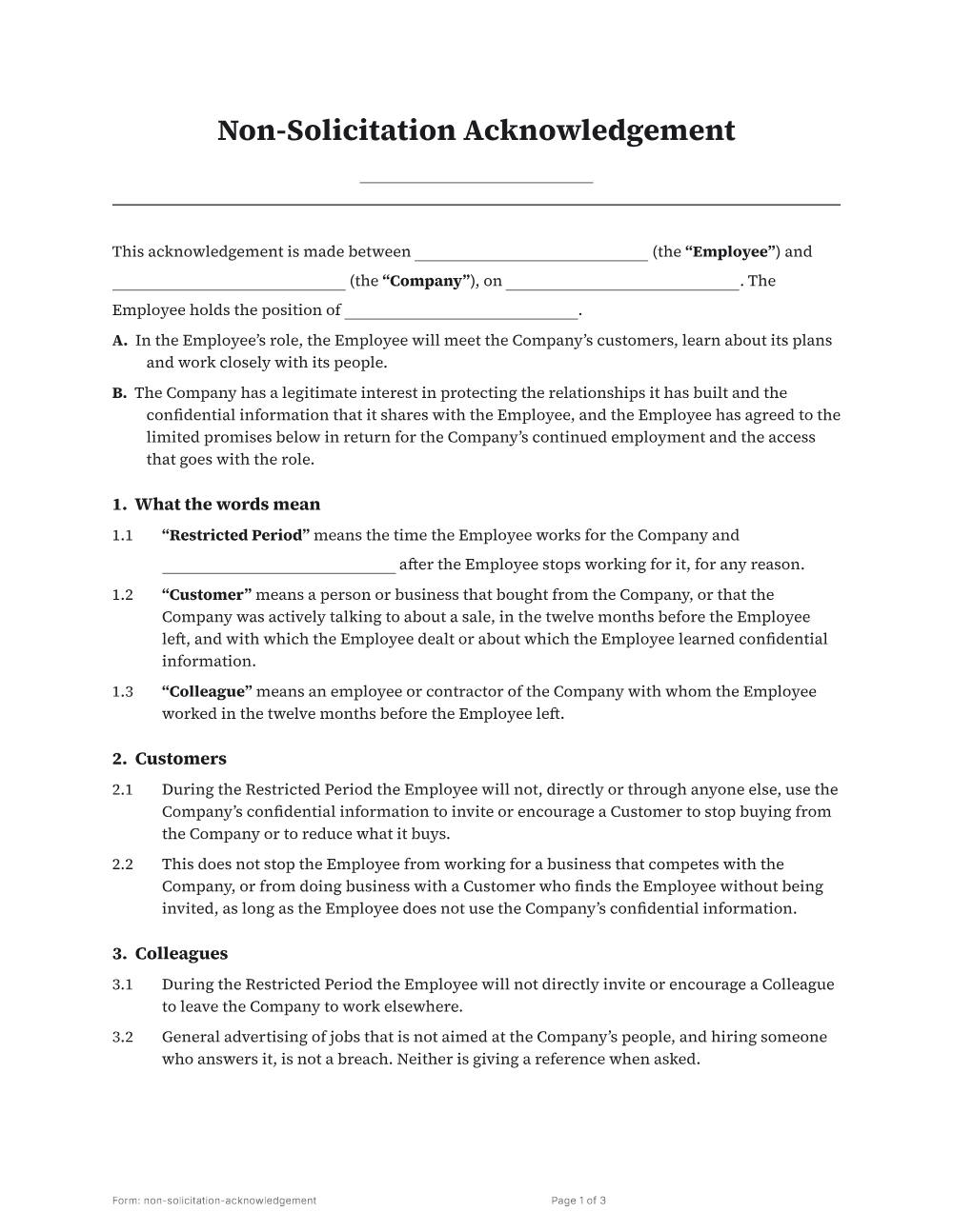 Page 1 of 3 of the Non-solicitation acknowledgement template