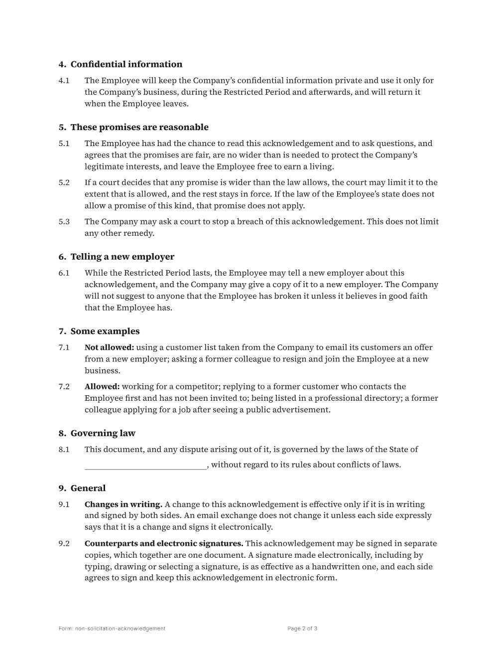 Page 2 of 3 of the Non-solicitation acknowledgement template