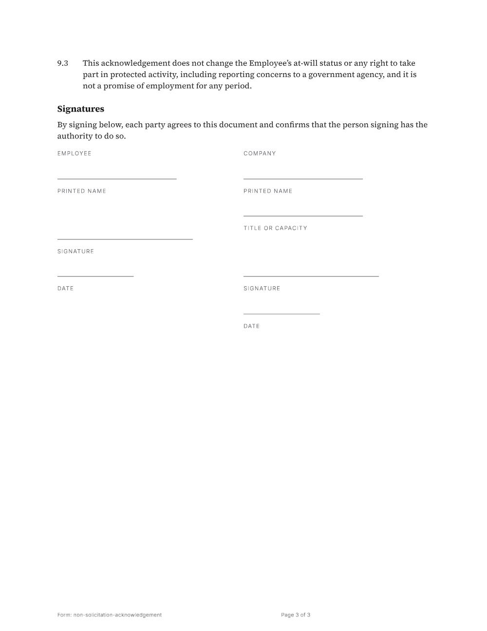 Page 3 of 3 of the Non-solicitation acknowledgement template