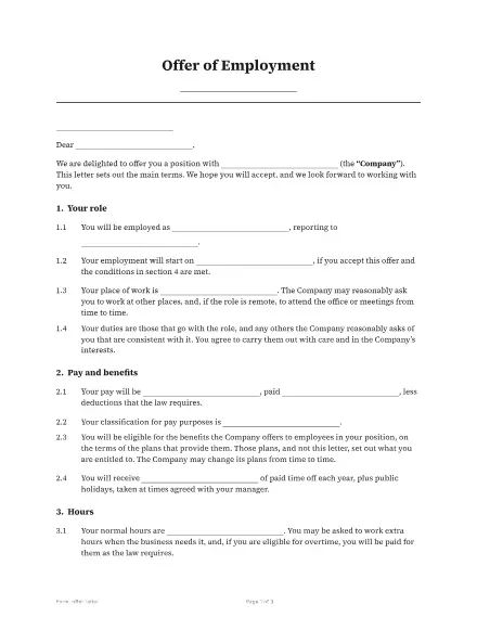 First page of the Offer letter template