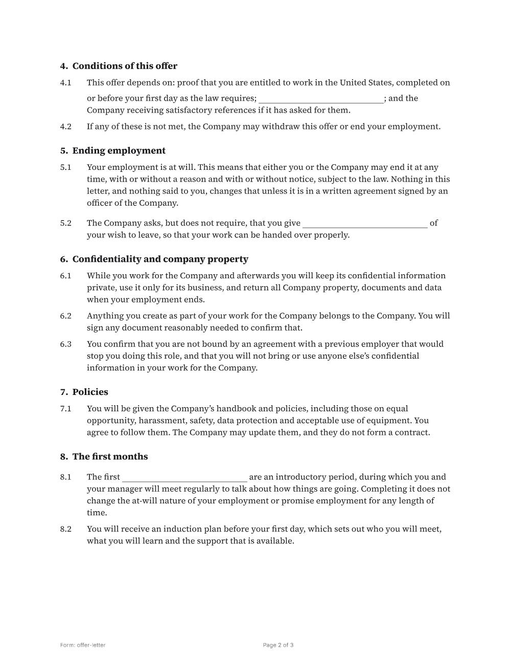 Page 2 of 3 of the Offer letter template