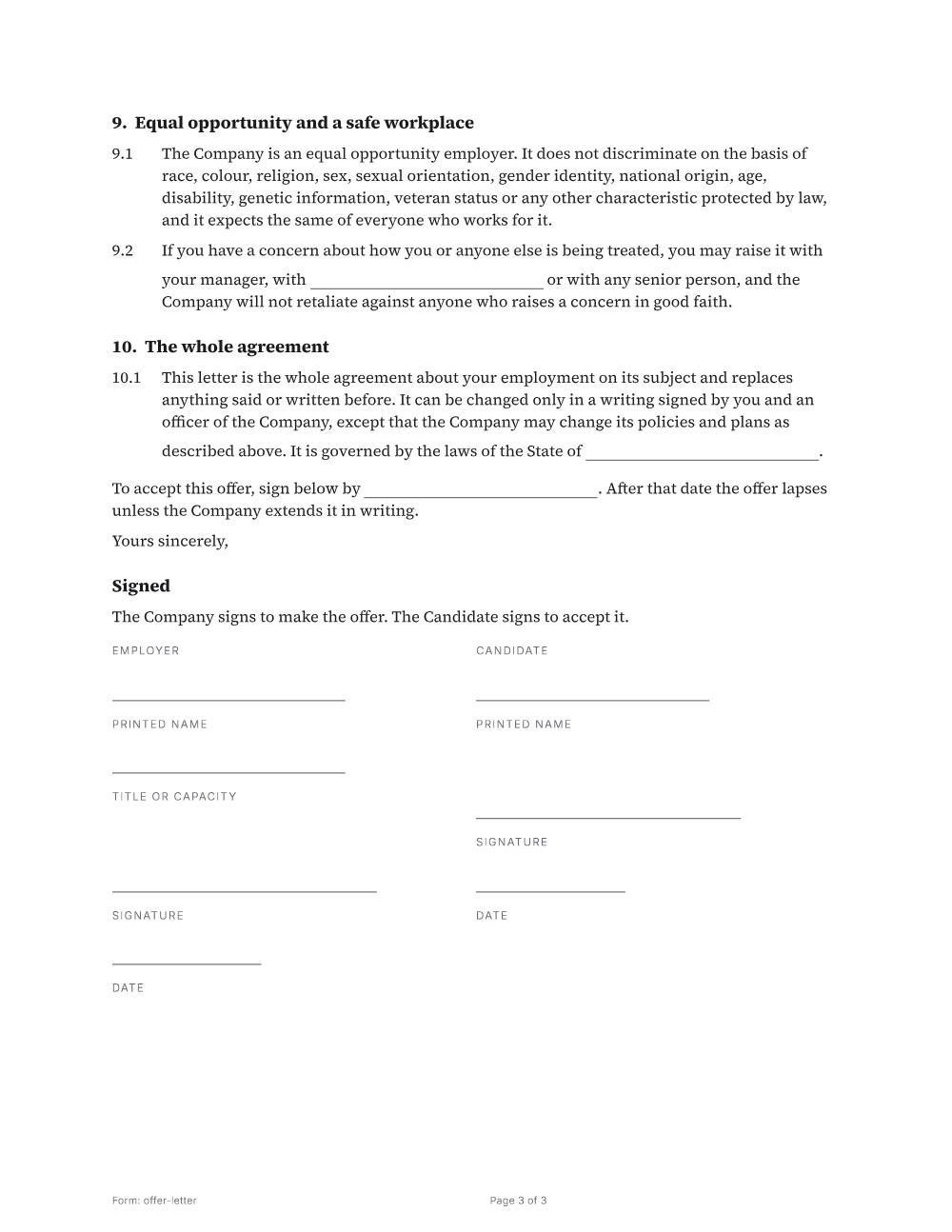 Page 3 of 3 of the Offer letter template