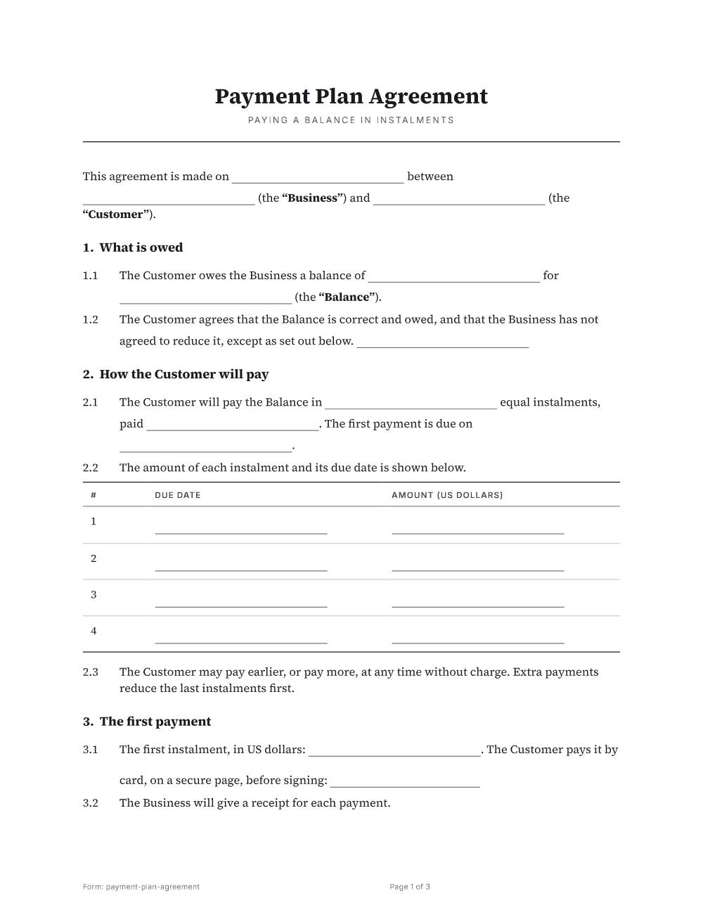 Page 1 of 3 of the Payment plan agreement template