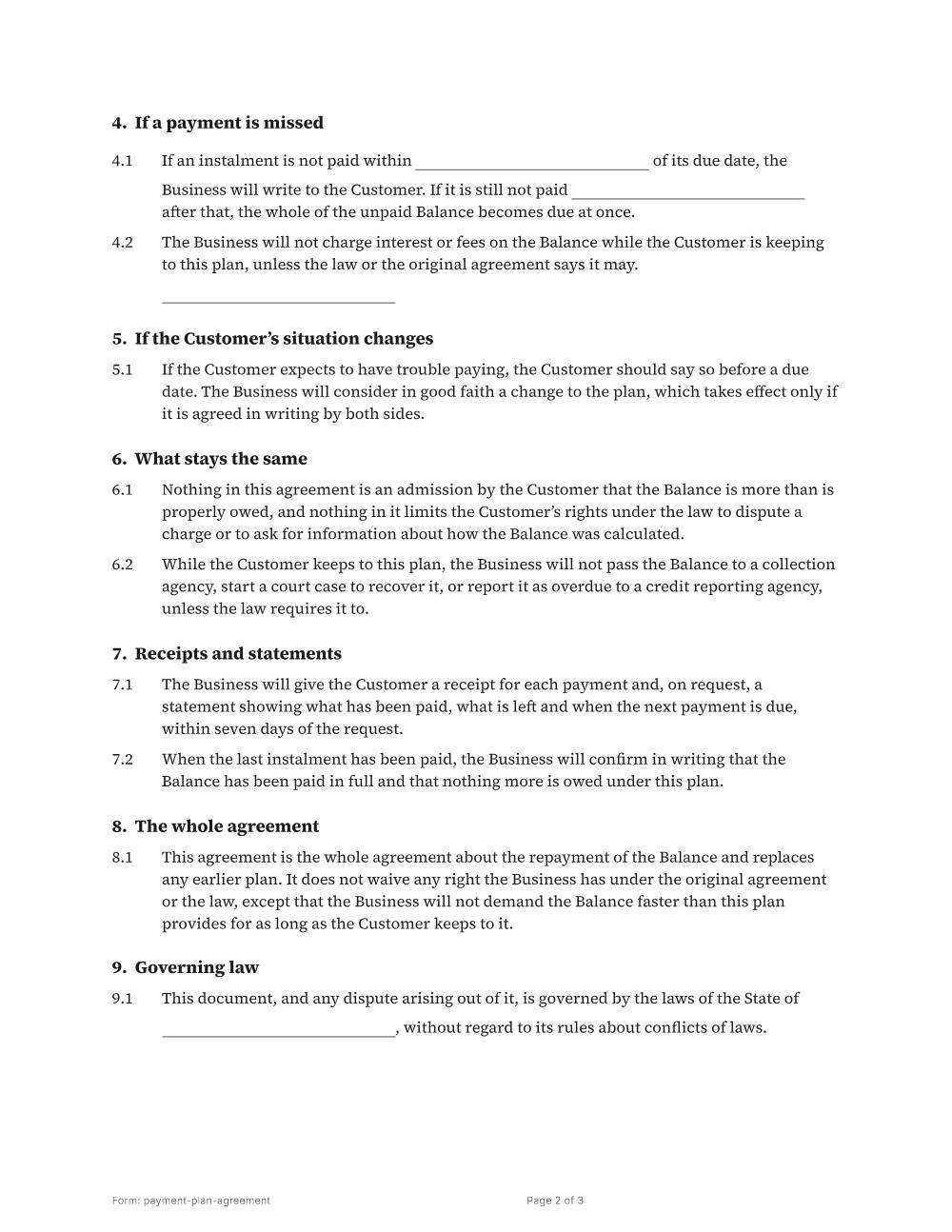 Page 2 of 3 of the Payment plan agreement template