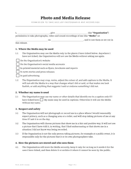 First page of the Photo and media release template