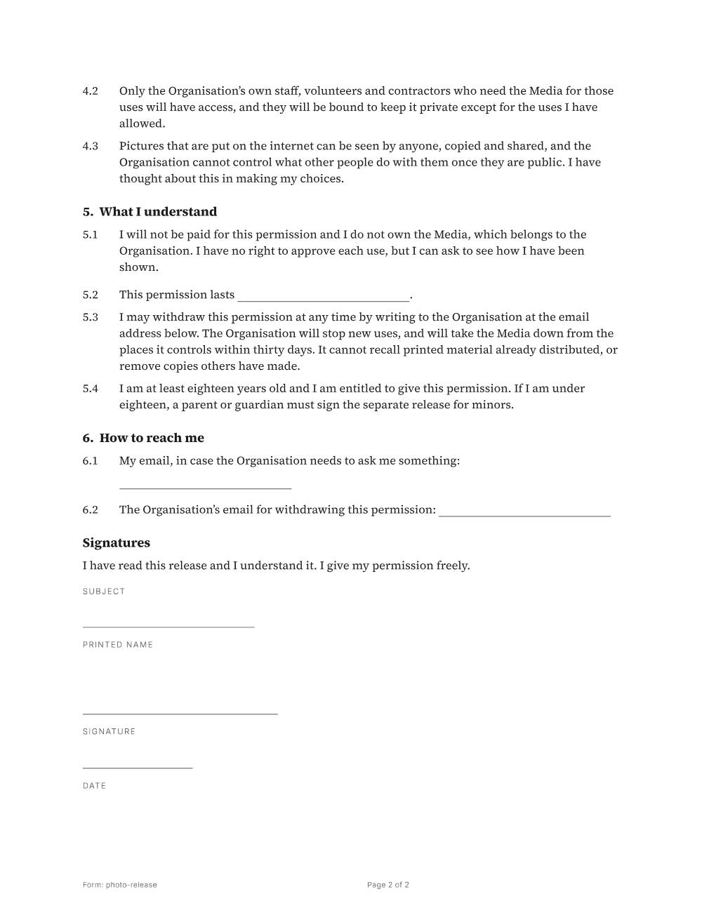 Page 2 of 2 of the Photo and media release template