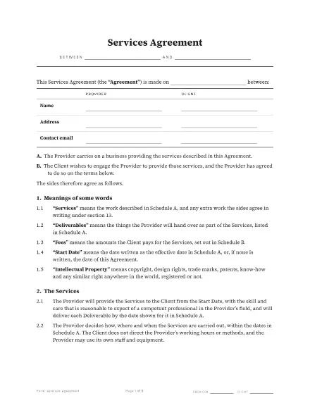 First page of the Services agreement template