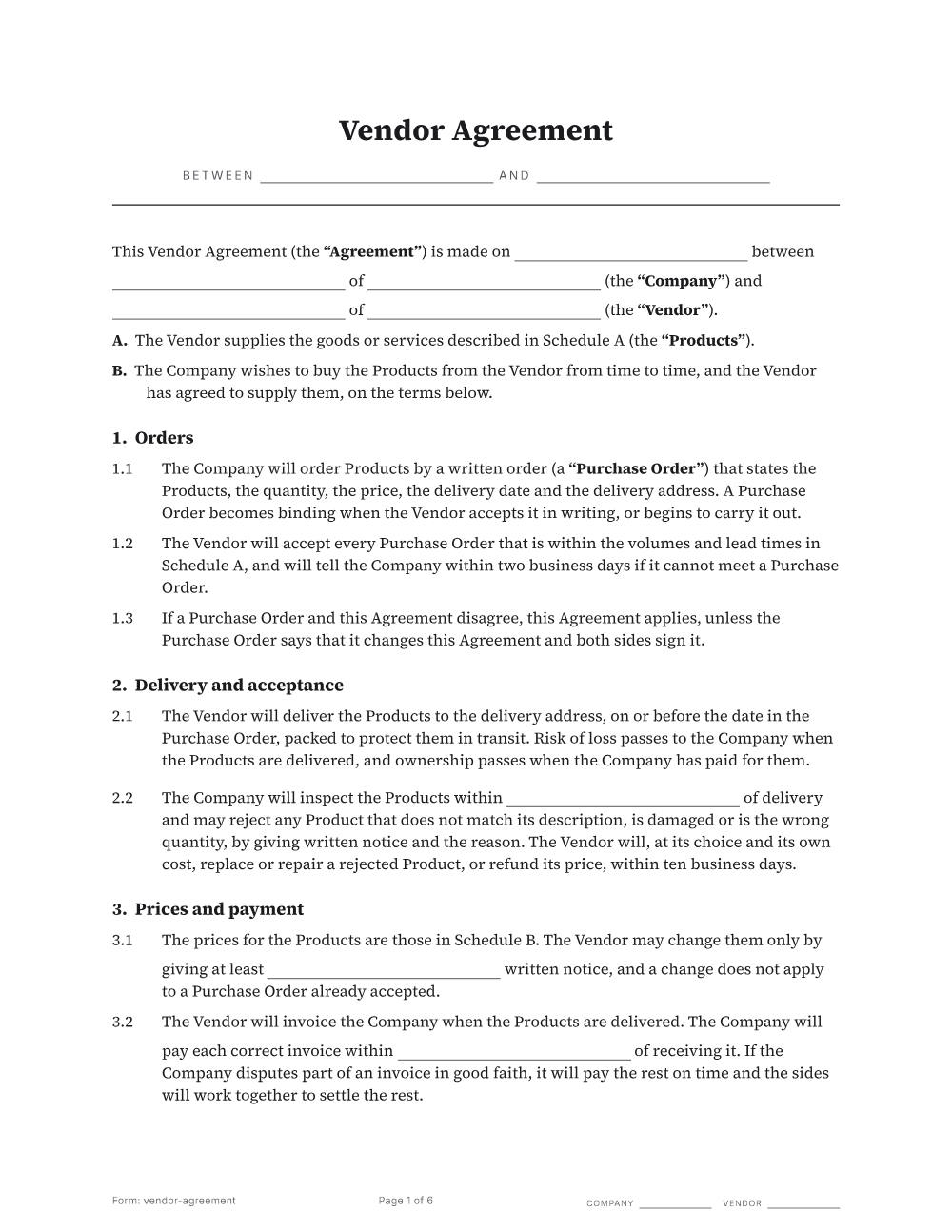 Page 1 of 6 of the Vendor agreement template