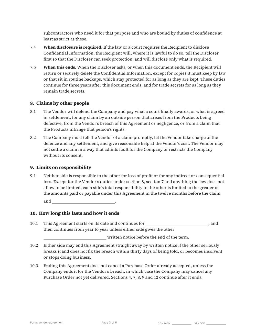 Page 3 of 6 of the Vendor agreement template