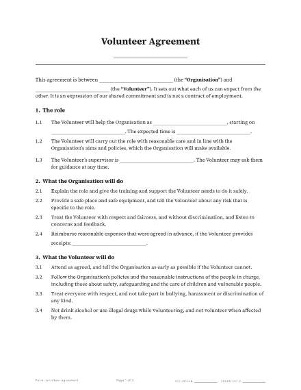 First page of the Volunteer agreement template